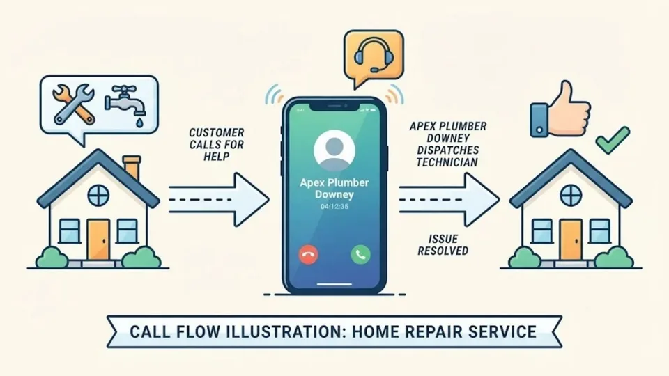 Illustration of how a call to Downey Apex Plumbing works from first ring to repair