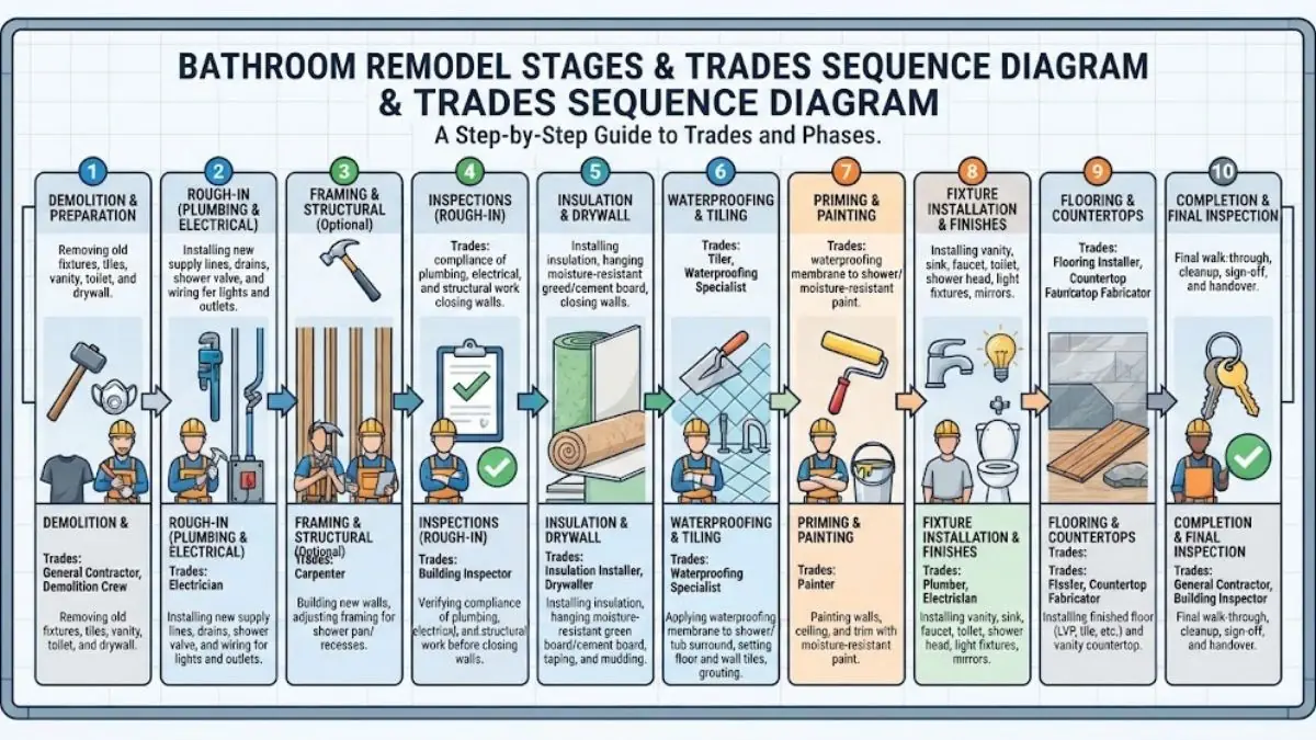 Diagram of bathroom remodel stages from demolition to finish plumbing, Bathroom Plumbing and Remodel in Downey, CA