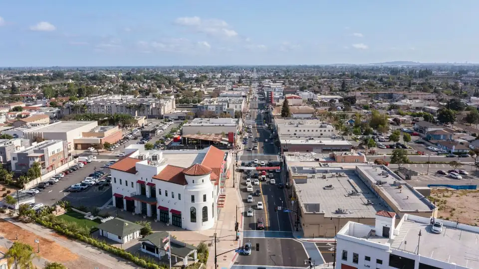 Aerial view of Bellflower Boulevard through downtown Bellflower, CA