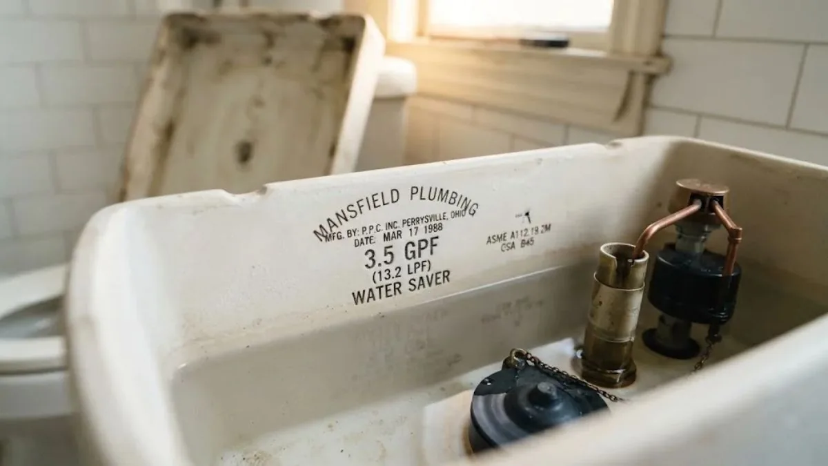 Stamped flush rating inside an older toilet tank