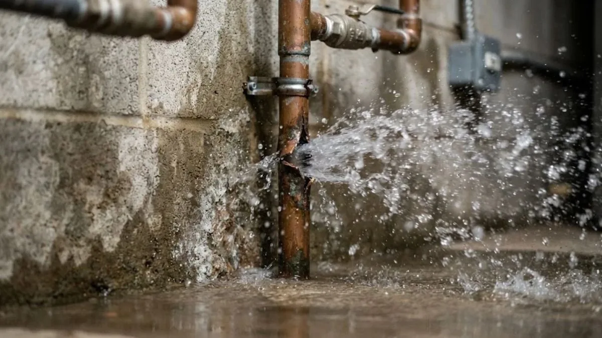 Split water supply pipe spraying water