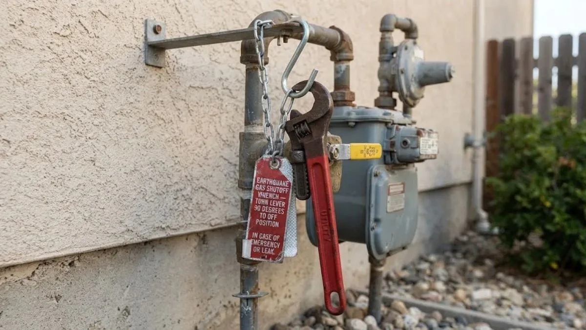 Adjustable wrench hung beside a gas meter shutoff valve