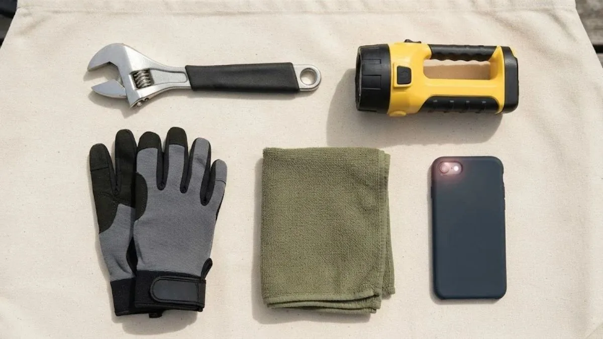 Emergency kit with a wrench, flashlight and gloves for an earthquake