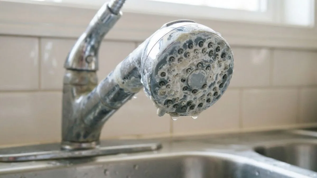Limescale crust on a faucet from hard water