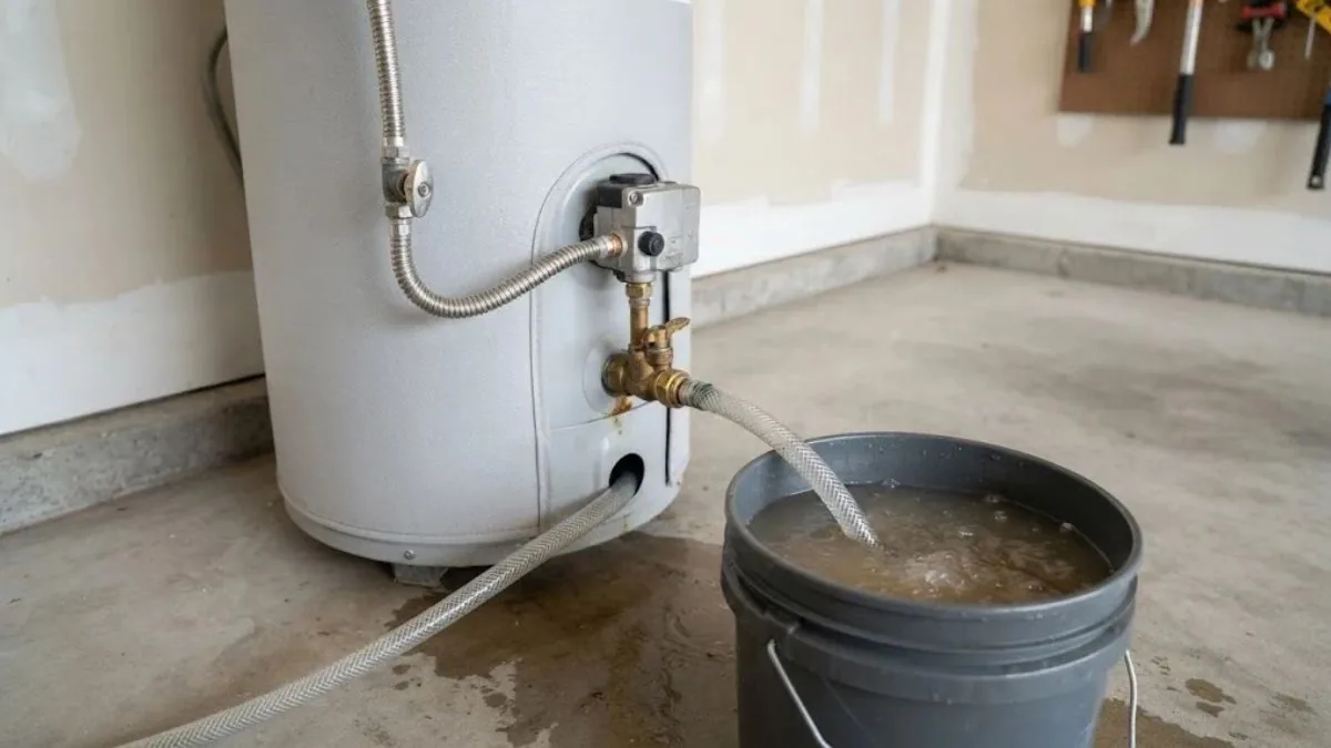 Hose connected to a water heater drain valve for a flush