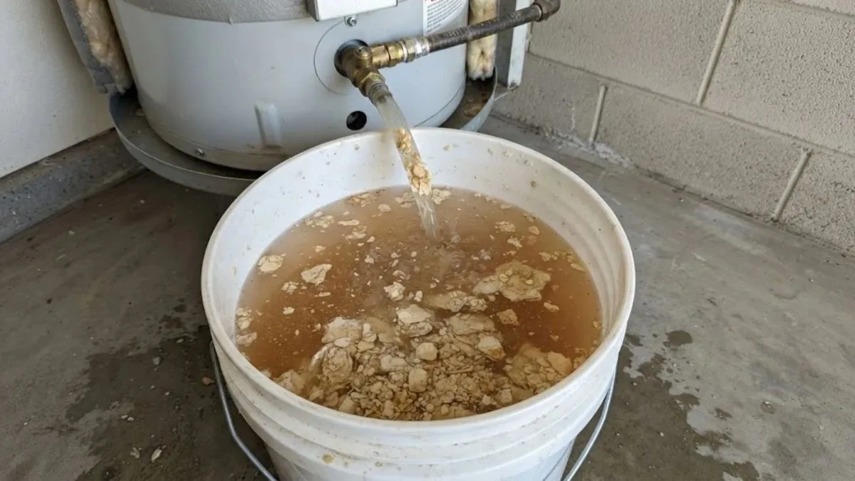 Sediment drained from a water heater in a bucket