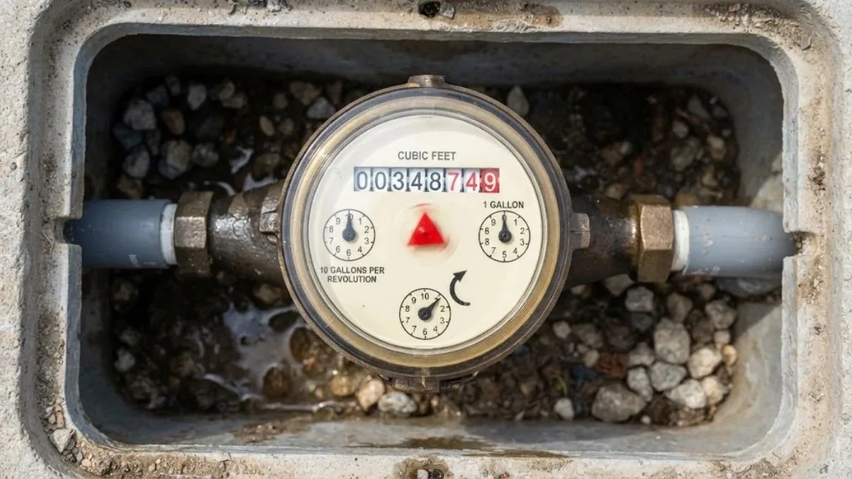 Water meter register and low-flow indicator in an open box