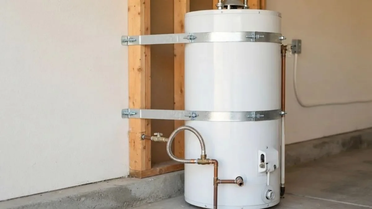 Water heater anchored to wall studs with two metal straps