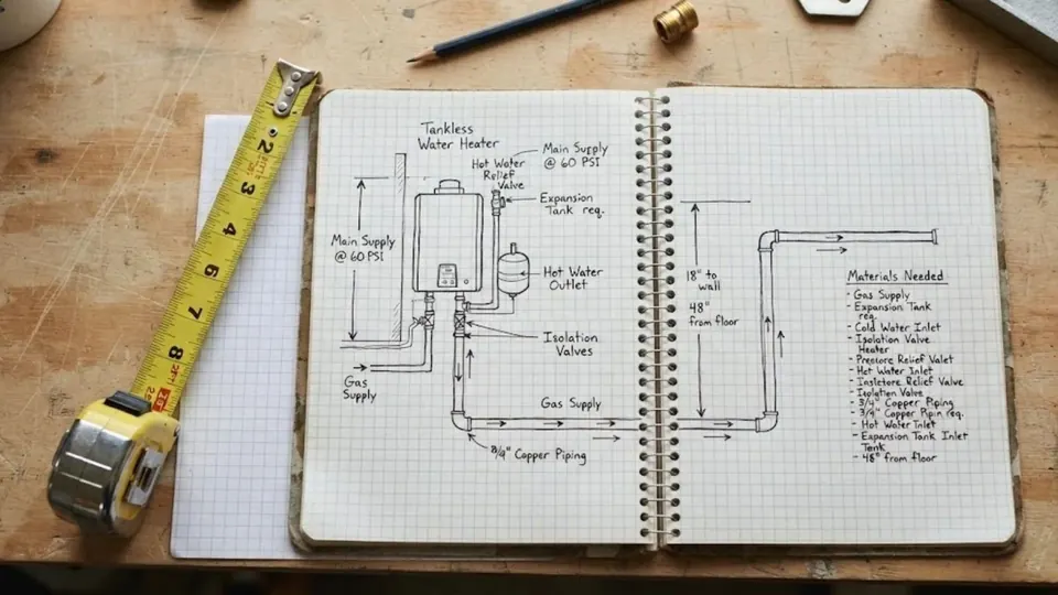 Notebook with a pipe diagram and a tape measure for Downey plumbing guides