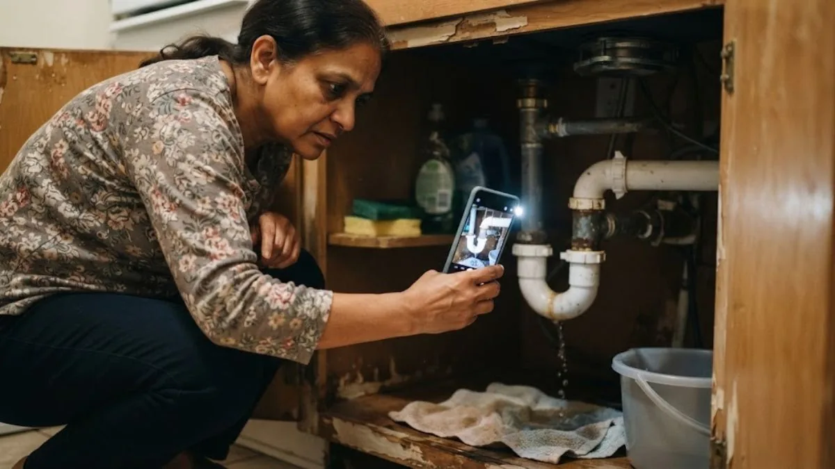 Tenant photographing a leak under a sink to document it