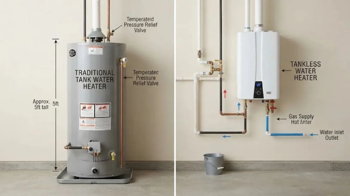 Tank water heater and tankless water heater side by side