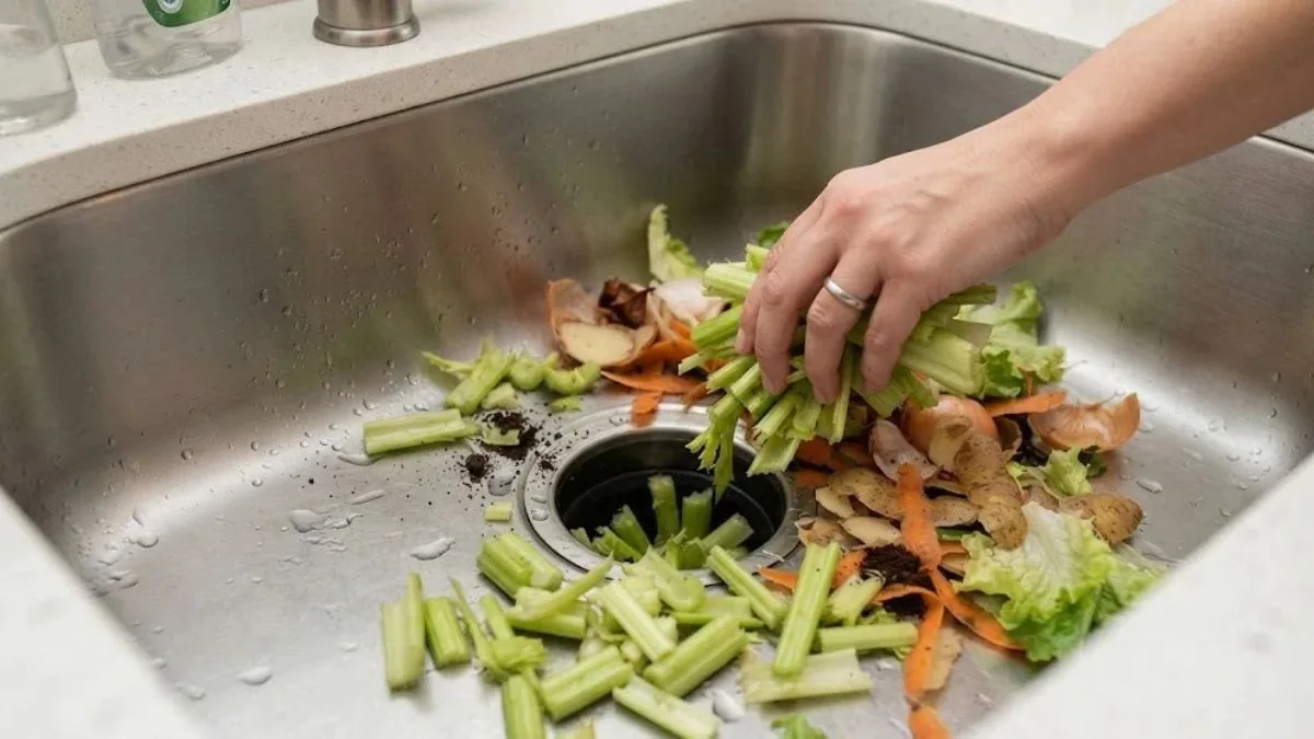 Fibrous scraps set aside next to a kitchen sink with a disposal