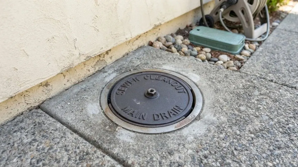 Sewer cleanout cap at the side of a house