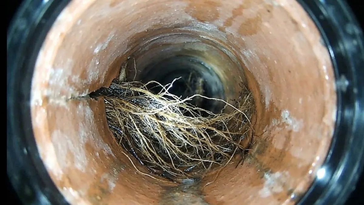 Roots entering a sewer pipe joint seen on camera