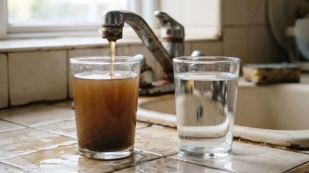 Glass of brown water beside a glass of clear water