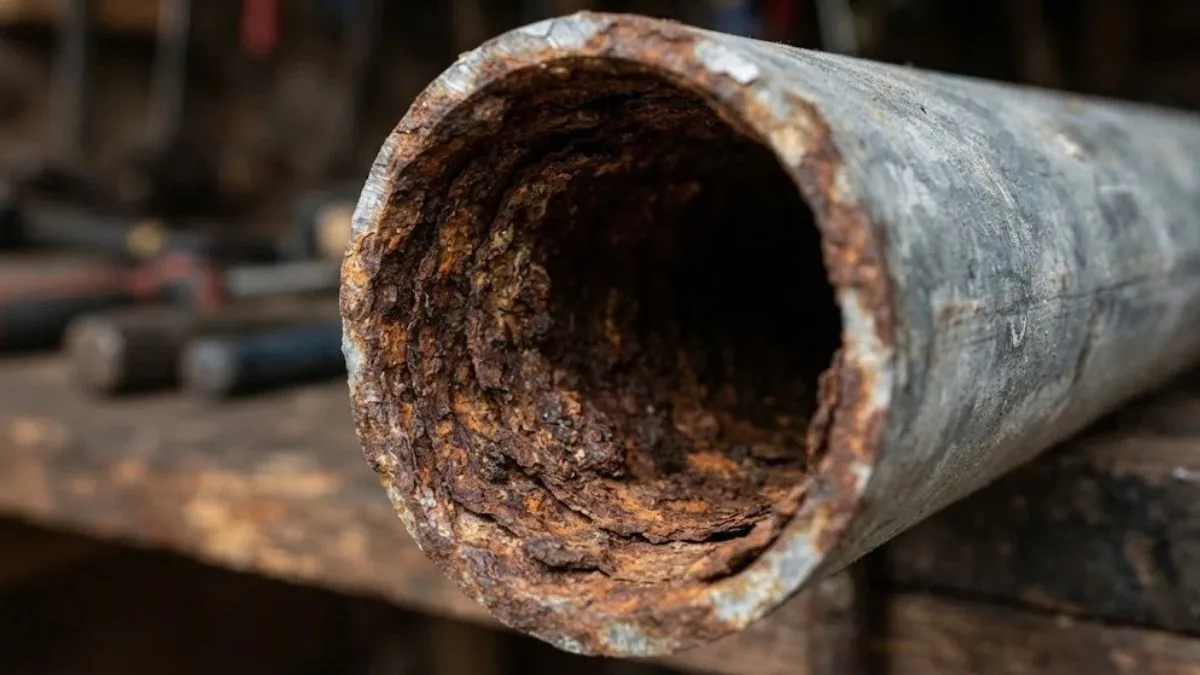 Rusted galvanized pipe section with flaking interior