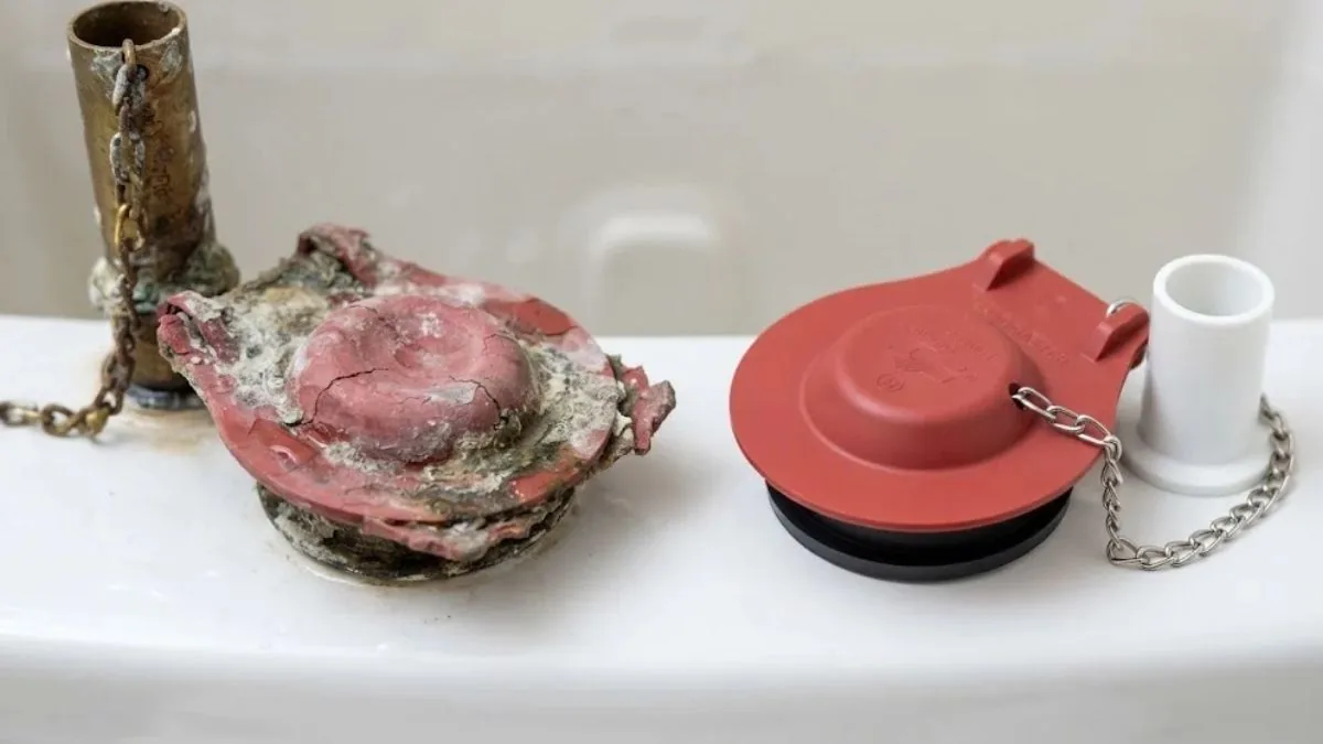 Worn toilet flapper next to a new flapper