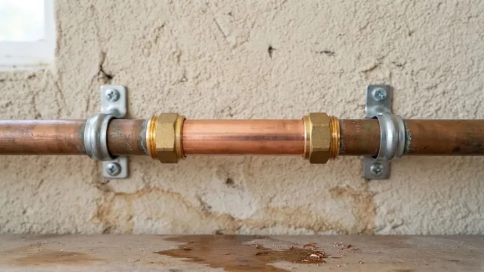 Copper pipe section repaired with new brass couplings and clamps, Burst Pipe Repair in Downey, CA
