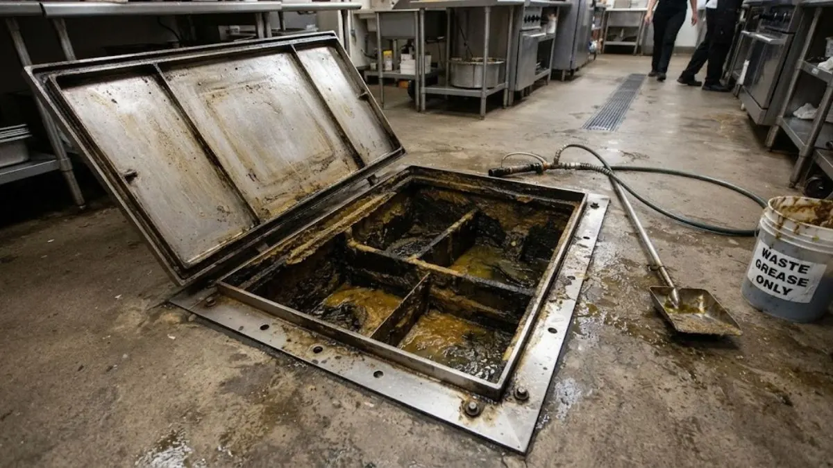 Grease interceptor access lid opened outside a business, Commercial Plumbing in Downey, CA