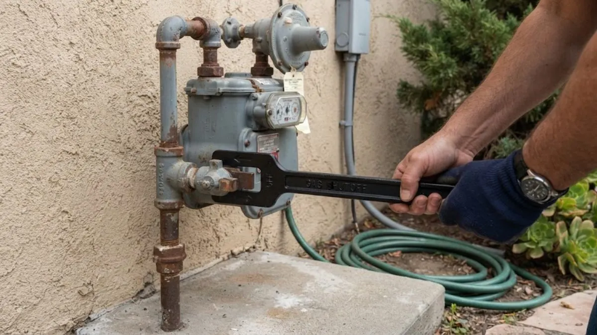 Gas meter shutoff valve with an adjustable wrench nearby, Gas Line Installation and Repair in Downey, CA