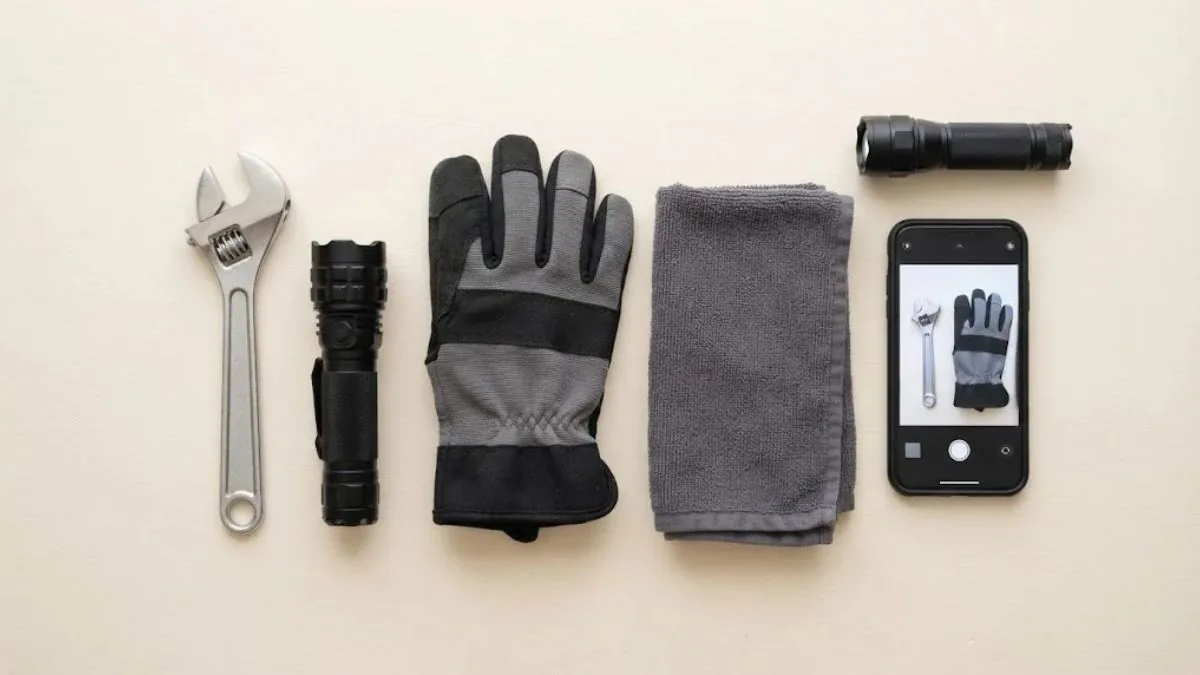 Emergency plumbing kit with wrench, flashlight and gloves laid out for a Downey, CA home