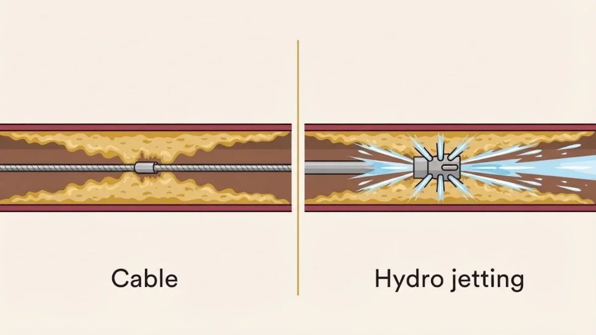 Diagram comparing a drain cable with hydro jetting, Hydro Jetting in Downey, CA
