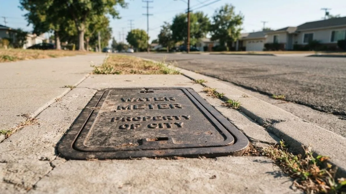 Curb water meter box on a residential street in Norwalk, CA