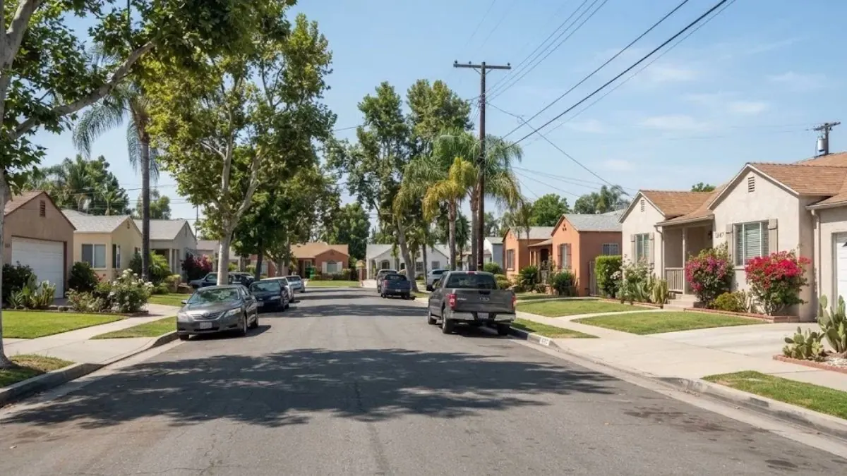 Postwar single-family homes on a street in Pico Rivera, CA