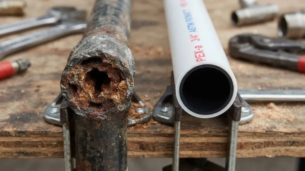 Corroded old pipe cross-section next to new PEX tubing, Repiping and Whole-Home Pipe Replacement in Downey, CA