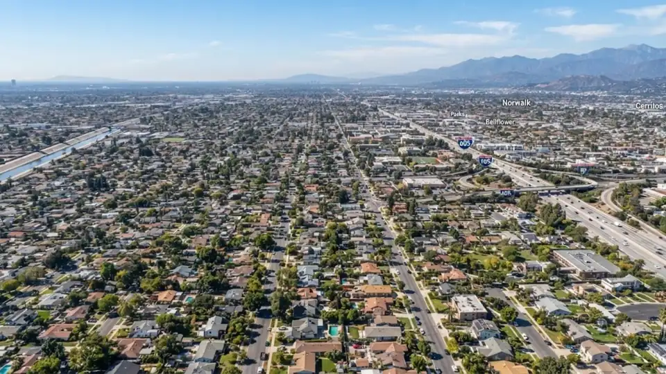 Aerial view of homes in Downey and nearby cities in southeast Los Angeles County
