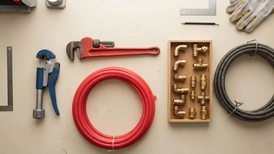 Plumbing tools and fittings arranged on a bench, services in Downey, CA