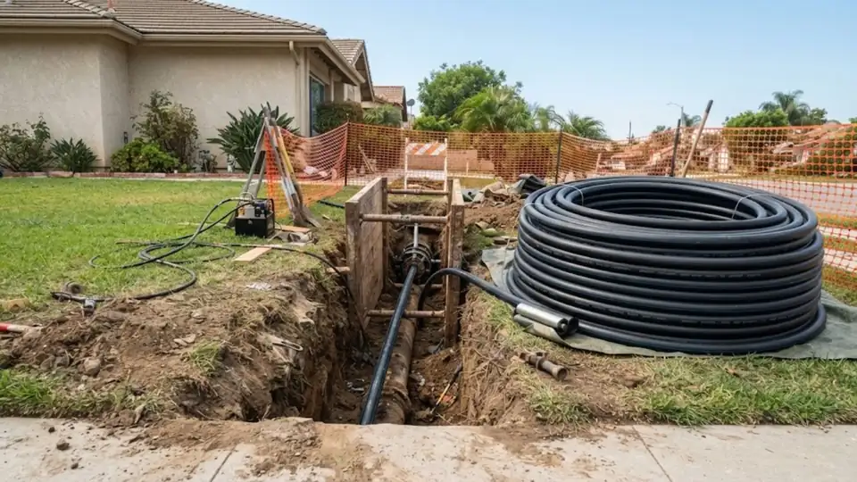 New sewer pipe coil beside a pipe bursting pit, Sewer Line Replacement in Downey, CA