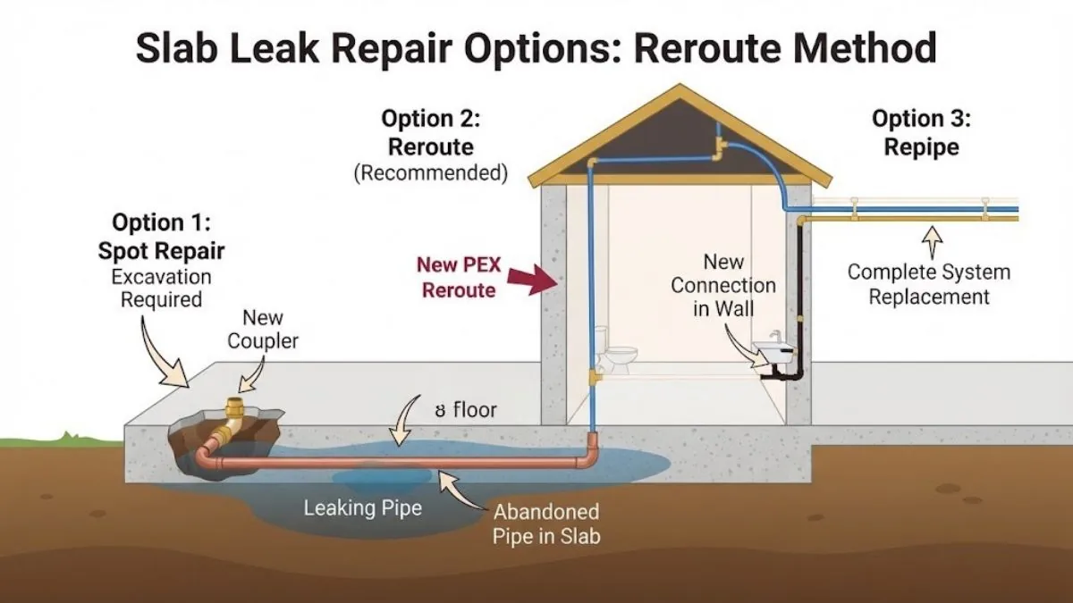 Diagram of slab leak repair options: spot repair, reroute and repipe, Slab Leak Detection and Repair in Downey, CA