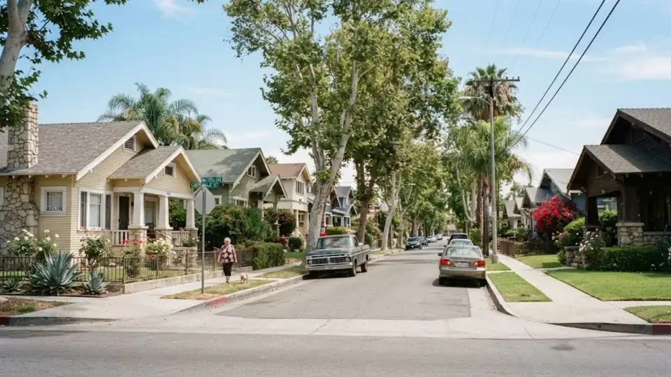 Older homes on a street in South Gate, CA