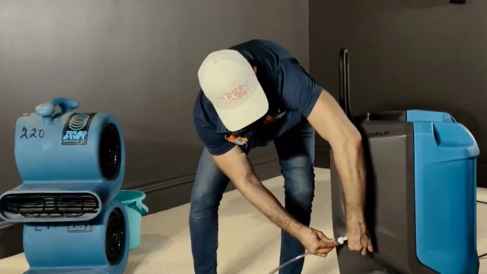 Technician setting up drying equipment in a room after water damage in Downey, CA