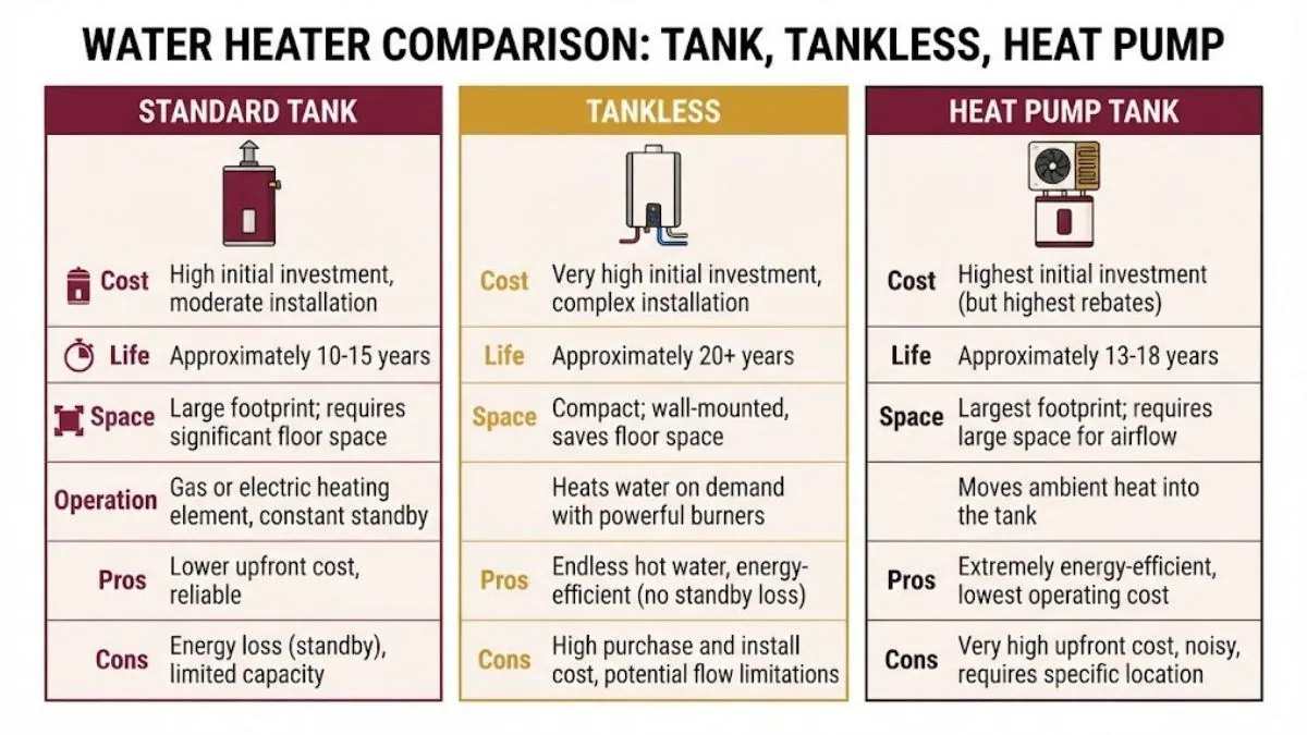Infographic comparing tank, tankless and heat pump water heaters, Water Heater Installation and Replacement in Downey, CA